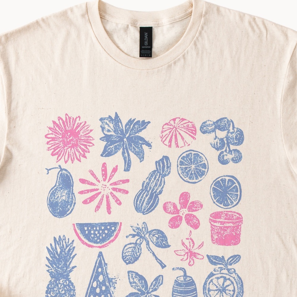 Botanical Stamp Graphic Tee Fruit Flower Block Print Style - Picture 2 of 5